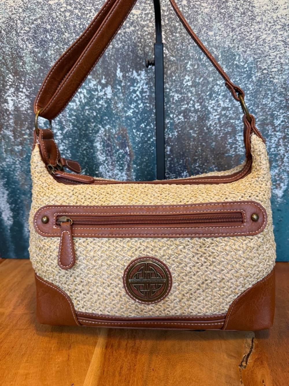 Stone Mountain Boho Woven Straw Faux Leather Crossbody Shoulder Bag Tan (VGUC) - Picture 7 of 16